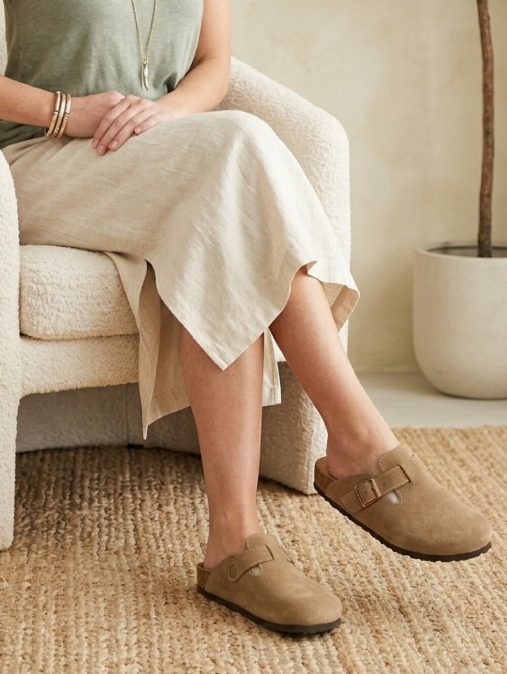 NEW! ALGF Taupe Suede Slip On Clog Mules Buckle Retro Coastal Boho Western 7-7.5 - Picture 2 of 9